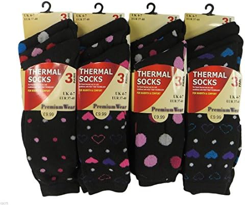 Comfylot Ltd® 12 Pairs Of Ladies Design Thermal Socks, Thick Warm Winter Boot Socks, Size 4-7 (UK 4-8, HEART PRINTS)