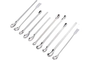 AMASAWA Mikrokryżeczka ze stali nierdzewnej, łyżka do pobierania próbek laboratoryjnych, łyżka do skrobania laboratoryjnego, mini mikrołyżka 10 opakowań 4 pojedyncze głowicy, 4 podwójne głowicy, 2 kwadratowe głowice (srebrna)