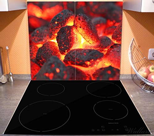Wallario Herdabdeckplatte / Spritzschutz aus Glas, 2-teilig, 60x52cm, für Ceran- und Induktionsherde, Glühende Kohlen im Kamin - 3