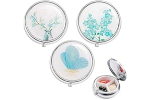 Haosell - Pastillero redondo de metal, 3 compartimentos, diseño de mariposa vintage con espejo, vitaminas, medicina, para uso diario y de viaje