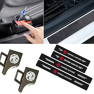 Hukimoyo 4pcs Car Door Sill Protective Stickers Carbon Fiber flim with 2Pcs of Car seat Belt Clip Safety Alarm Stopper Buckle with Personalized Logo