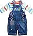 6-12 months - Baby Boys Gorgeous Blue Dino Walk Denim Dungarees with Striped Long-sleeved Top Outfit