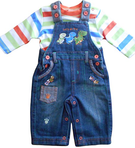 6-12 months - Baby Boys Gorgeous Blue Dino Walk Denim Dungarees with Striped Long-sleeved Top Outfit
