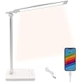 Qualore Desk Lamp, Led Bedside Table Lamp with USB Charging Port, 5 Color Mode, 5 Brightness Level, Touch Control, Auto Timer, Eye Caring Light for Home Office Study Bedroom Nail Kids (White)