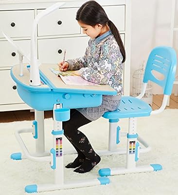 Leomark Bureau ergonomique avec une chaise et lampe pour enfants Réglage en hauteur couleur bleu - Tabouret d'Enfants