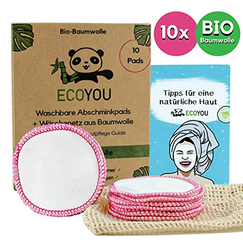 EcoYou® Abschminkpads Waschbar aus BIO-Baumwolle 10 St. PINK ? Zero Waste Wattepads + WÄSCHENETZ aus Baumwolle ? Make Up Entferner Pads + Hautpflege GUIDE ? Wiederverwendbare Pads