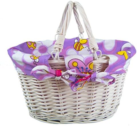 Whitewash Wicker Shopping Basket with Folding Handles and PURPLE Butterfly & Bees Cotton Lining - Baby Shower Gift Hamper, Storage, Shopper Basket - (30x20x17cm high)