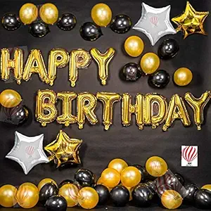 HK balloons ?Black Gold & Silver ?Happy Birthday Balloons Decoration Kit ?48? Pcs Set for Husband Boys Kids Balloons Decorations Items Combo with Helium Letters Foil Balloon Banner, Latex Rubber Metallic Star Balloons