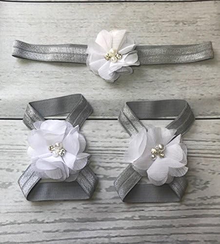 White Rhinestone and Pearl Chiffon Flowers and Gray Headband and Barefoot Sandals Set
