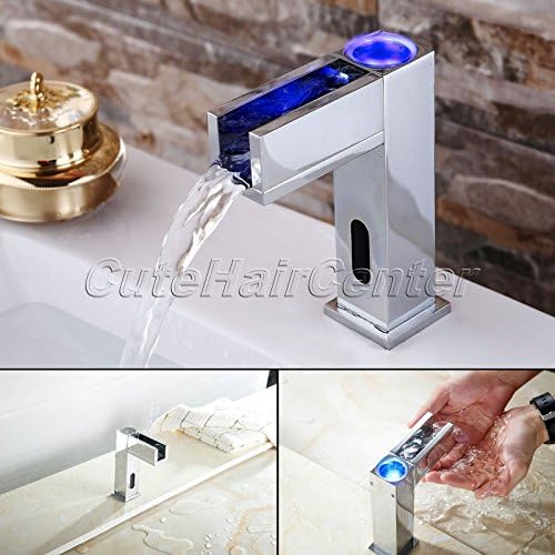 TougBoo Modern Led Sensor Automatic Touchless Waterfall Bathroom Lavatory Chrome Faucet Up Open Channel Spout Vessel Sink Mixer Tap,Chrome,Brown