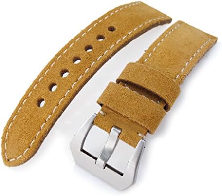 22mm MiLTAT Camel Brown Nubuck Leather Watch Band, Beige Stitching