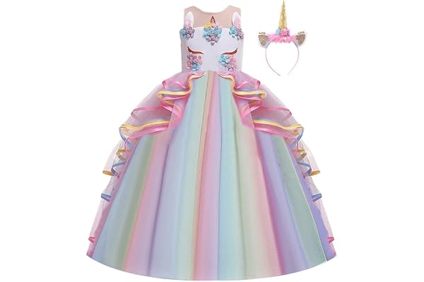 MYRISAM Princesse Fille Licorne Déguisement Robe de Anniversaire Cérémonie Soirée Halloween Carnaval Noël Fête Spectacle Mariage Longue en Tulle Robes Bal avec Bandeau