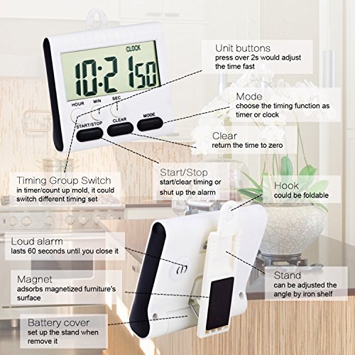 Mudder 2 Stück Magnetische Digital Küche Timer 24 Stunden Zeitschaltuhr Lauten Alarm mit Großen Ziffern und Ständer (Weiß – Schwarz) - 3