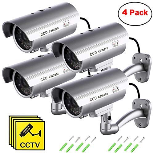 Maxesla Cámara Falsa, 4 Pieza Dummy Cámara de Seguridad Vigilancia Falsa Inalámbrico Impermeable Sistema de Vigilancia IR LED Parpadeante Fake Cámara Simulada CCTV