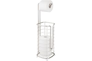 mDesign Wolnostoj?cy uchwyt na papier toaletowy – Stylowy metalowy stojak na papier toaletowy – Wieszak na papier toaletowy z miejscem do przechowywania 3 dodatkowych rolek – Matowe Srebro