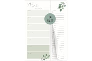 ‎THINGS OF HAPPINESS Menüplaner mit Einkaufsliste zum Abtrennen | Essensplaner 50 Blatt | Notizblock für Mahlzeiten | Speiseplan für Familie, Freunde, WG, Diät| DIN-A5 Block (Eucalyptus)