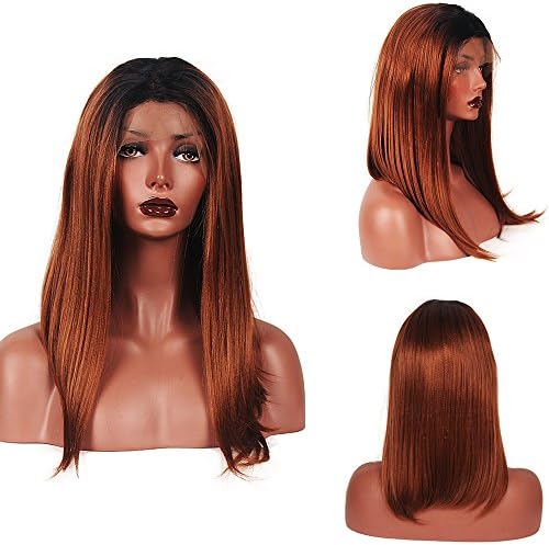 Stylistlee Two Tone Brown and Black Synthetic Short Bob Straight 16 Inch Lace Front Wigs 250% High Density Free Part Heat Resistant Fiber Hair Wigs For Women