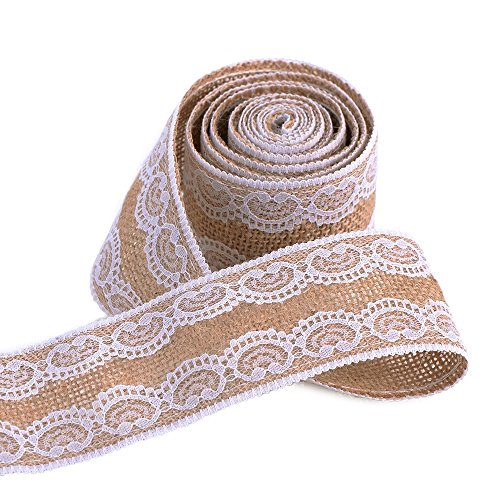 Schönes Leben* 6 Stück Natürliche Leinwand mit Weiß Spitze Juteband Lace Sackleinen Band Rolle für DIY Herstellung Hochzeit Handwerk Spitze Leinen, 78,7 Zoll pro Stück - 2