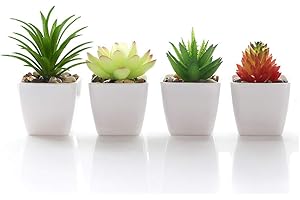 Veryhome Fake Succulents Plants Artificial Potted in Mini Square White Pots for Home Garden Decor Green （Plastic Pots,4PCS）