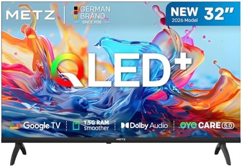 Metz 32 Pollici Smart TV con Google TV Televisore LED, Gen 6 QLED +, HDR 10 Dolby Audio Bluetooth 5,1 EyeCare DVB-T/T2/C/S/S2 CI+ HEVC Main10, 1.5GB RAM Upgrade (32MQH7000Z, 2026 Nuovo Modello)
