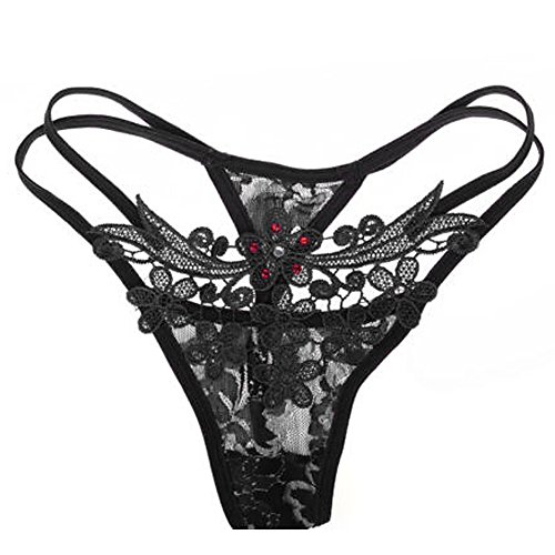Merssavo Damen Schwarze Tangas String Höschen Spitzenunterwäsche mit Strass Blume