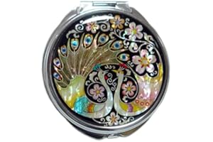 ANTIQUE ALIVE Mother of Pearl Peacock Pair and Flower Design Double Compact Magnifying Purse Mirror