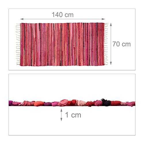 Relaxdays Flickenteppich 70 x 140 cm mit Fransen aus Polyester und Baumwolle, mehrfarbig, Fleckerlteppich, rot - 4