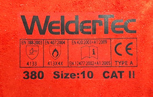 WelderTec 380 Profi MIG/MAG Schweißerhandschuh, Rinder-Leder Hitzehandschuh, komplett gefüttert, Premium Qualität, Typ A, Rot, Größe 10 - 2