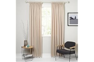 RAYYAN LINEN Thermal Pencil Pleat Blackout Tape Top Pair of Curtains With Free Tiebacks (66" X 72", Cream Natural Beige)