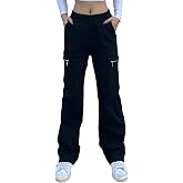 Nuofengkudu Strech Large Pantalon Cargo Femme Elastique Taille Haute Zip Poches Droit Longue Pantalons Ample Travail Multipoc