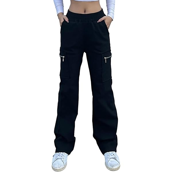 Nuofengkudu Cargobroek voor dames, breed, 6 zakken, hoge taille, elastisch, werkbroek, met trekkoord, bootcut, lang, meerdere zakken, Y2K broek, mode, Kaki, M