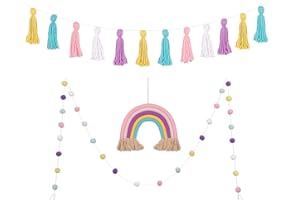 Rainbow Wall Hanging Banner,URMAGIC 3 Pcs Pastel Tassel Garland Pom Pom Ball Banner,Tassel Garland Pom Pom Ball Banner,Macrame Rainbow Wall Hanging Decoration for Party,Baby Shower
