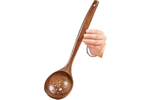 UPTALY Passoire en Bois à Long Manche (35cm x 9.5cm), passoire en Teck Naturel avec poignée audacieuse, louche en Bois pour la Cuisson, ustensile de Cuisine pour poêle antiadhésive