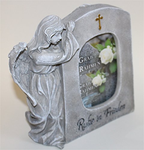 Grabengel Engel stehend neben Grabstein für Foto Grabstein mit Spruch Ruhe in Frieden anmutiger Grabschmuck Trauerschmuck Grabfigur Trauerfigur Gedenkstein für Foto wetterfest - 5