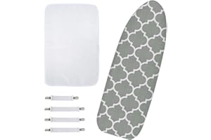 Kinsinder Cubierta y almohadilla de repuesto para tabla de planchar con almohadilla extra gruesa, cubierta de hierro TriFusion a prueba de quemaduras, con cierres ajustables y malla protectora (gris)