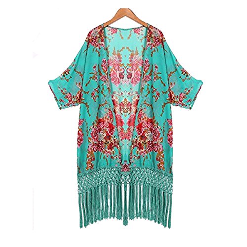LA HUATE Women's Tassel Beach Bikini Cover up Floral Printed Beachwear Swimwear Bathing Suit Kimono Cover Up Green