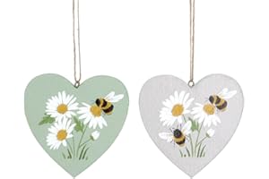 Gisela Graham Set of 2 Wood double sided hanging Decorations 8cm - Daisy/Bee Heart for spring and easter
