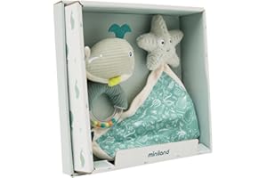 Miniland Pack Regalo Bebé Recién Nacido | Set Doudou y Sonajero Sensorial | Juguete de Apego Suave y Seguro 100% Lavable | Ideal Canastilla y Baby Shower | 0 Meses | Verde | Ocean