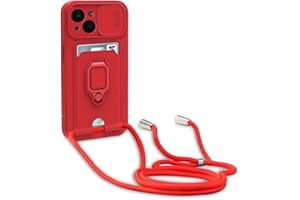 yanasuo Sliding Camera Protection Silicone Mobile Phone Chain Case Compatible with iPhone 14, Metal Ring Holder Mobile Phone Cover, Adjustable Necklace Mobile Phone Case - Red