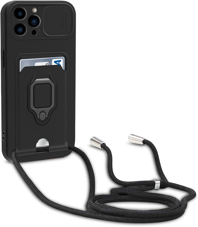 yanasuo Protección de Cámara Funda Compatible con iPhone 13 Pro MAX, con Anillo Soporte, Ajustable Collar Correa de Cuello Cordón Carcasa de Silicona-Negro