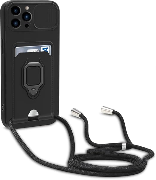 yanasuo Protección de Cámara Funda Compatible con iPhone 13 Pro MAX, con Anillo Soporte, Ajustable Collar Correa de Cuello Cordón Carcasa de Silicona-Negro - 1