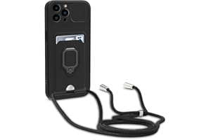 yanasuo Sliding Camera Protection Silicone Mobile Phone Chain Case Compatible with iPhone 13 Pro Max, Metal Ring Holder Mobile Phone Cover, Adjustable Necklace Mobile Phone Case - Black