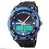 Cuitan Solarenergie Armbanduhr, 50M Wasserdichte Sport-Uhren Digital Zeiger Analog Duale Zeitzonen Display Elektronisch Uhr Leuchtende Nacht Sportuhr mit Stoppuhr/ Wecker/ Datum/ Woche für Laufen, Bergsteiger und Radfahren - Blau