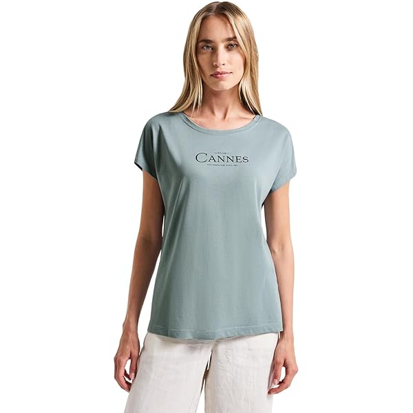 Street One Silk-Look Shirt met Tekst - Coastal Beige | - Cotton Blues