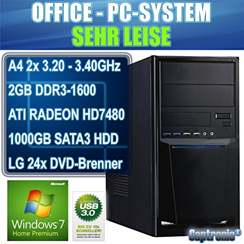 Captronic® (A4-4020-2GB-HD7480D-1TB-Win7HP) Windows 7 Home Premium 64bit | DualCore Silent Office PC Front USB 3.0 AMD A4-4020 2x 3,20GHz (Turbo bis 3400MHz) | KINGSTON 2GB DDR3-1600 | 24x DVD-Brenner | 1000GB HDD SATA3 | ATI Radeon HD 7480 2GB HDMI/DVI/VGA | CardReader | 7.1 Sound | GigabitLAN | Design Gehäuse Schwarz - 2