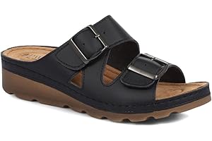 Pavers Women's Adjustable Mule Sandals - Comfortable Faux Leather Shoes with Cushioned Suede Insole - Touch Fastening Ladies Summer Footwear