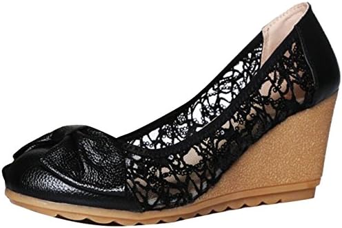 Mashiaoyi Women's Bowknot Wedge-Heel Slip-on Lace Sequins Court Shoes UK 6 Black