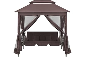 KOIECETA Pavillon Umwandelbare Schaukelbank Gartenschaukel mit Bettfunktion Hollywoodschaukel Hängeschaukel Dach Bettfunktion Gartenmöbel Liege (Kaffeebraun)