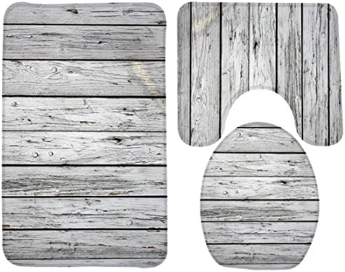 3 Piece Bath Rug Set Creative Antique Wood Pattern Printing Bathroom Rug large Contour Mat with Lid Cover , 3