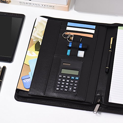 aibecy A4  cuero PU carpeta Bloc de notas con calculadora y cremallera Varios compartimentos multifuncional Business carpeta carpeta de conferencias Portfolio documentos Organizador para Escuela y trabajo